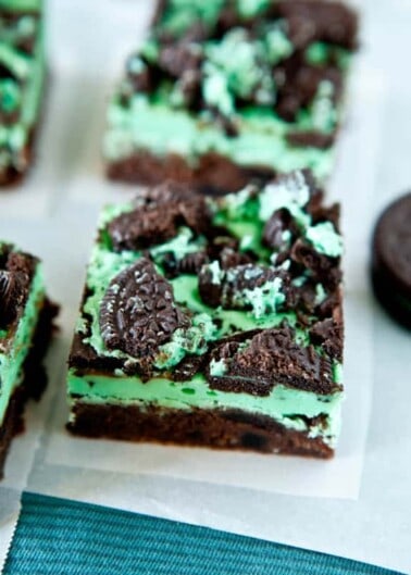 Mint chocolate brownies with cookie topping.