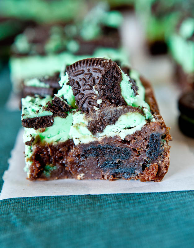 Triple Layer Mint Brownies — These layered brownies are loaded with rich textures and flavors, from the dense fudgy brownies layer, to the soft, fluffy minty layer, with oodles of crushed Mint Oreos throughout. 