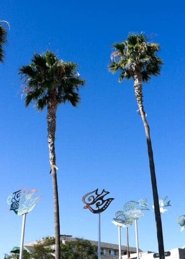 Palm trees rise against a clear blue sky, interspersed with artistic metal sculptures.