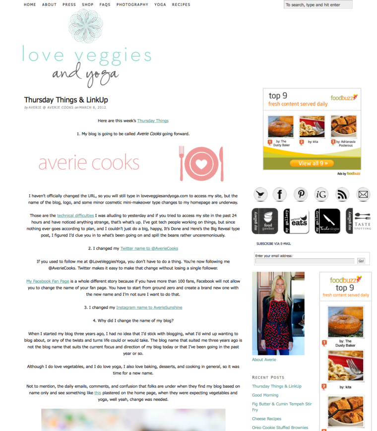 Old version of averie cooks homepage with love veggies and yoga title