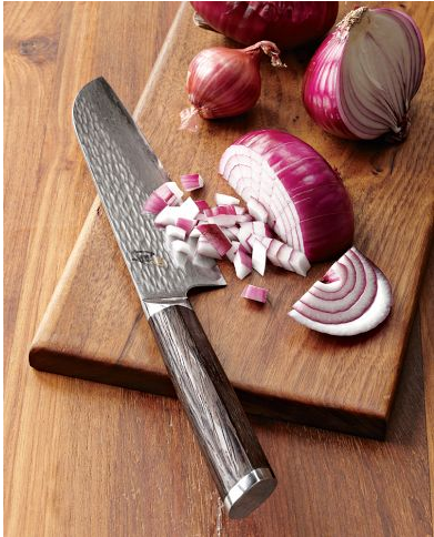 Shun Fuji Santoku knife with onions