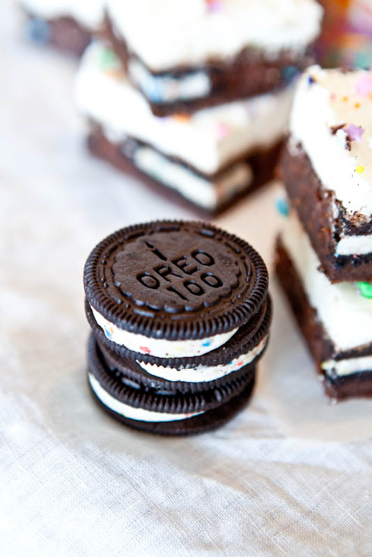 Oreo Cookie Stuffed Brownies with Vanilla Buttercream Frosting and oreos