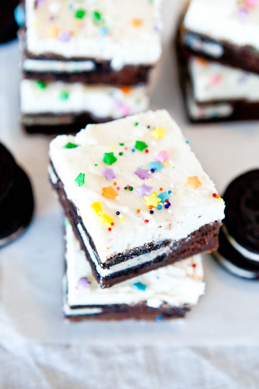Oreo Cookie-Stuffed Brownies with Vanilla Buttercream Frosting
