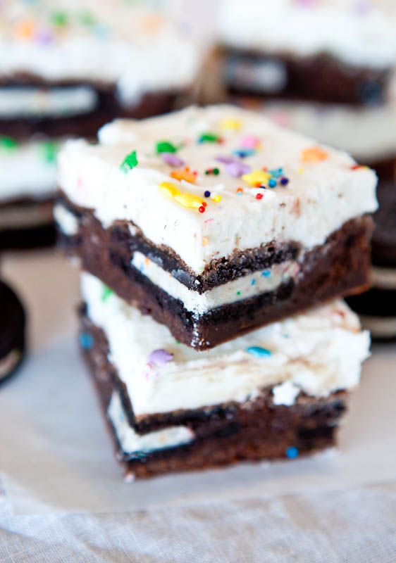 Oreo Cookie-Stuffed Brownie with Vanilla Buttercream Frosting