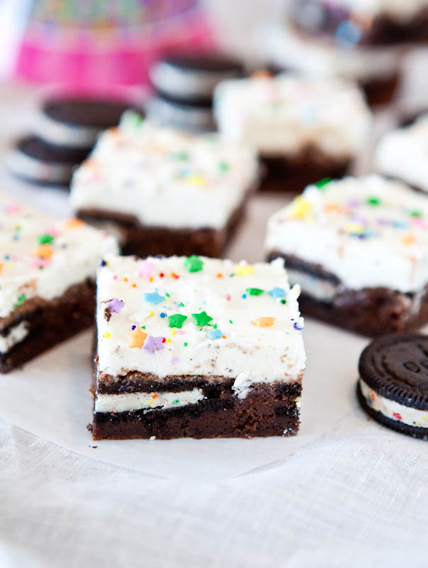 Oreo Cookie Stuffed Brownies with Vanilla Buttercream Frosting