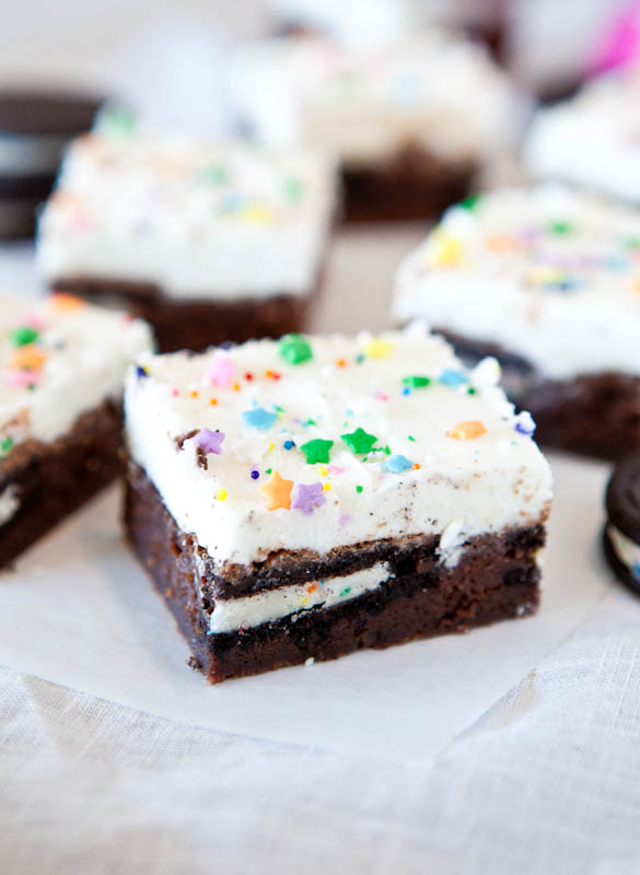 Oreo Cookie Stuffed Brownies with Vanilla Buttercream Frosting