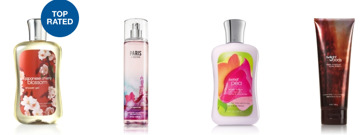 Japanese cherry blosson soap, Paris perfume, sweet pea lotion, and twilight woods scented bath and body works