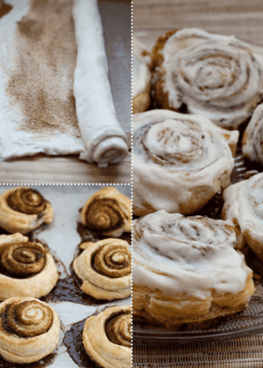 Preparation and finished display of cinnamon rolls, with some frosted and others plain.