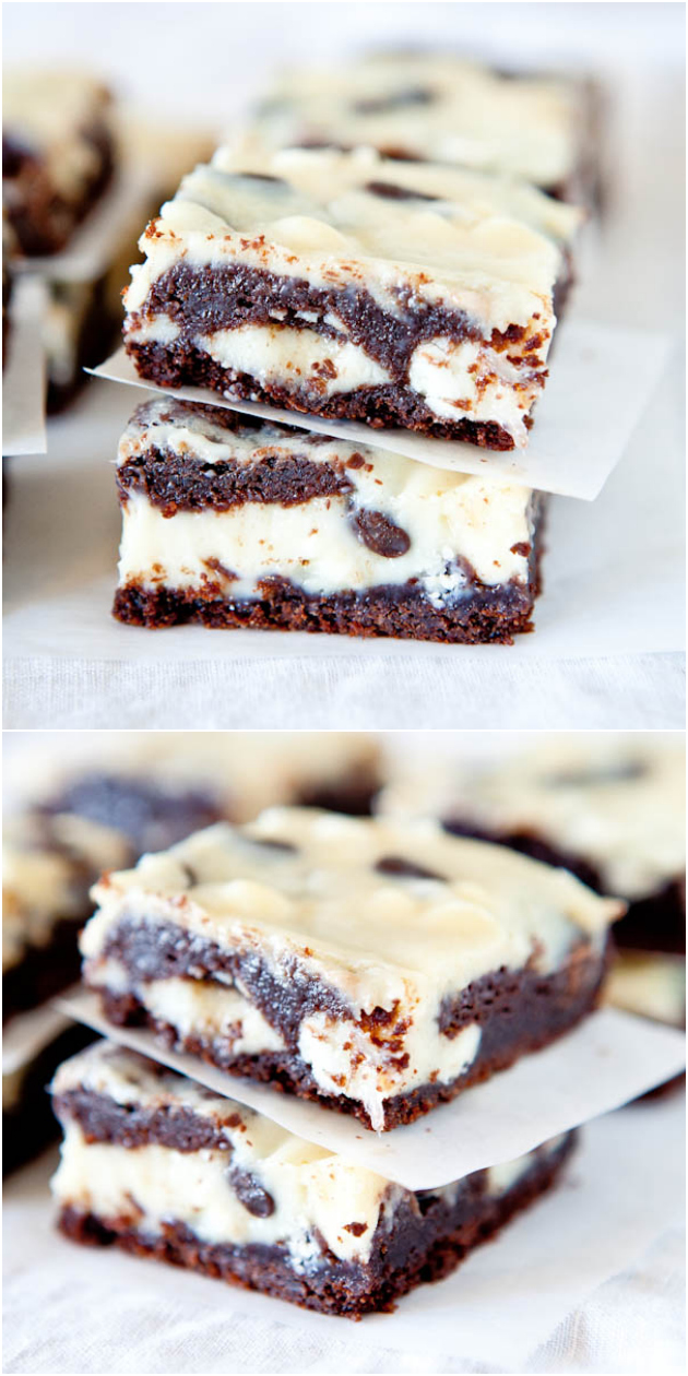 Chocolate Cream Cheese Cake Bars —Rich chocolate cake with chocolate chips, white chocolate chips, and filled with cream cheese. These bars are always a hit at parties and are fast, easy and foolproof!