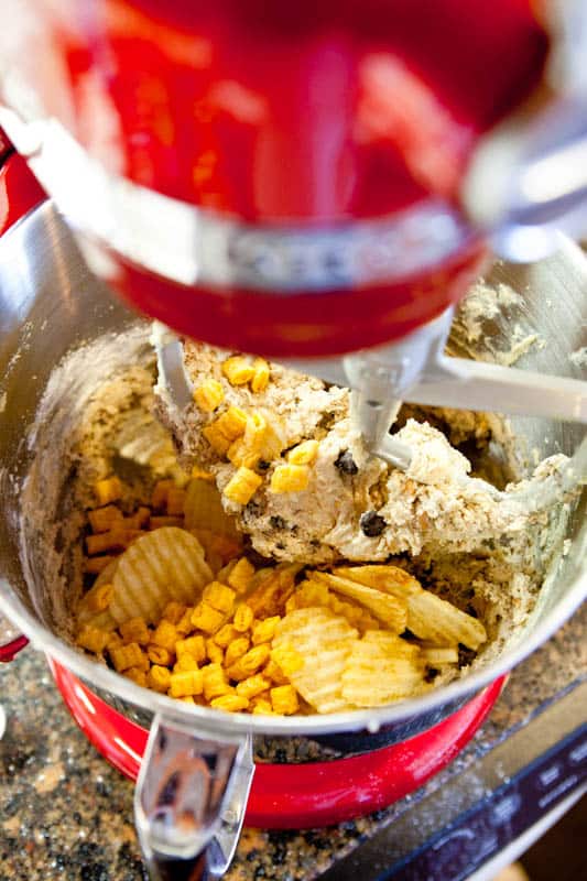 Cap'n crunch chips and batter in mixer