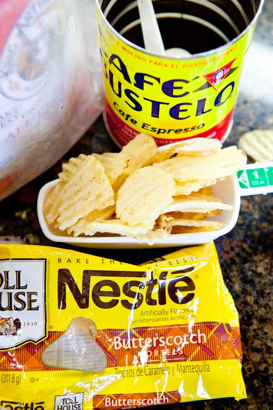 Ingredients spread with chips, butterscotch, and coffee