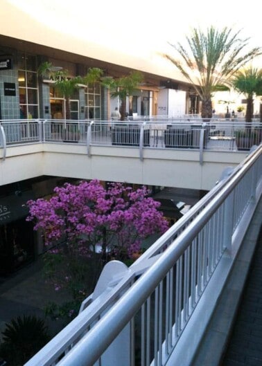 An outdoor shopping center with a balcony overlooking a lower level and flowering shrubs.