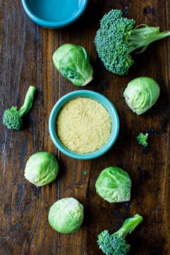 Steamed Brussels’s Sprouts and Broccoli with Cheezy Coconut Sauce