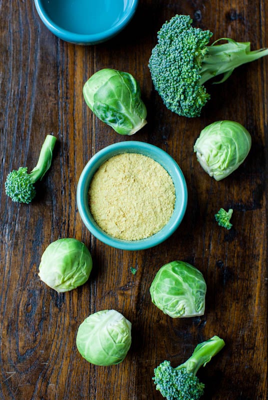 Steamed Brussels’s Sprouts & Broccoli with Cheezy Coconut Sauce