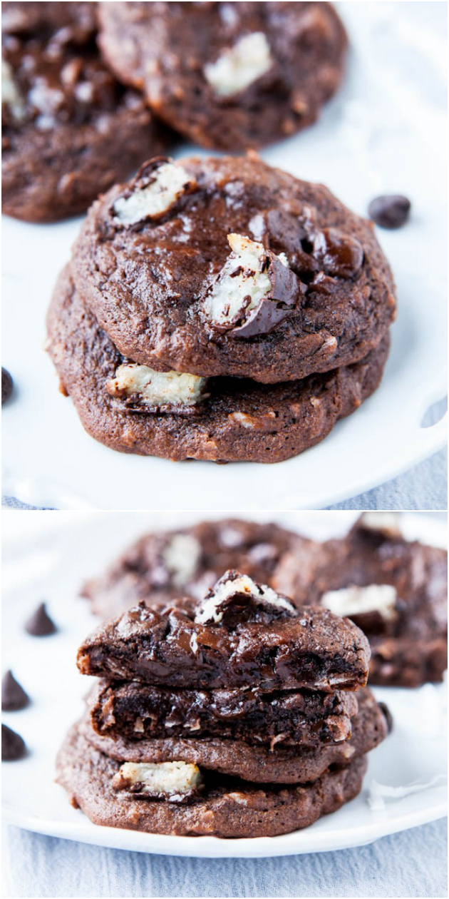 Mounds Bar Chocolate Coconut Cake Mix Cookies - Hunks of Mounds candy bars are baked into rich, extra-chocolaty cookies! Fast, easy & foolproof recipe!