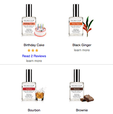 A collection of fragrance bottles with various scents labeled underneath each, such as "between the sheets," "bird of paradise," and "birthday cake," with ratings and review links below them.