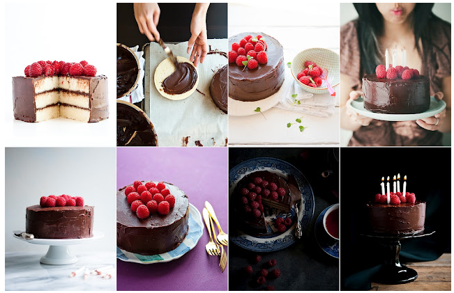 Examples of food photography with a chocolate cake and raspberries
