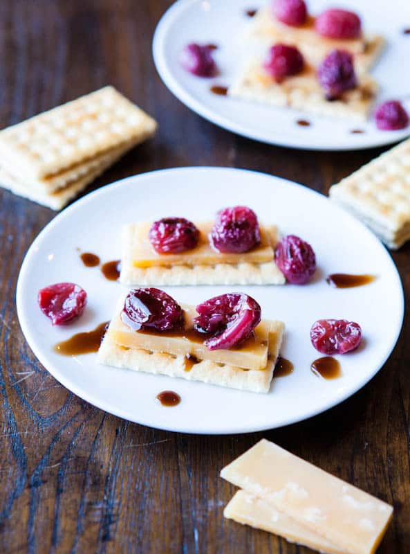 Cheese and Crackers with Roasted Grapes and Balsamic Reduction