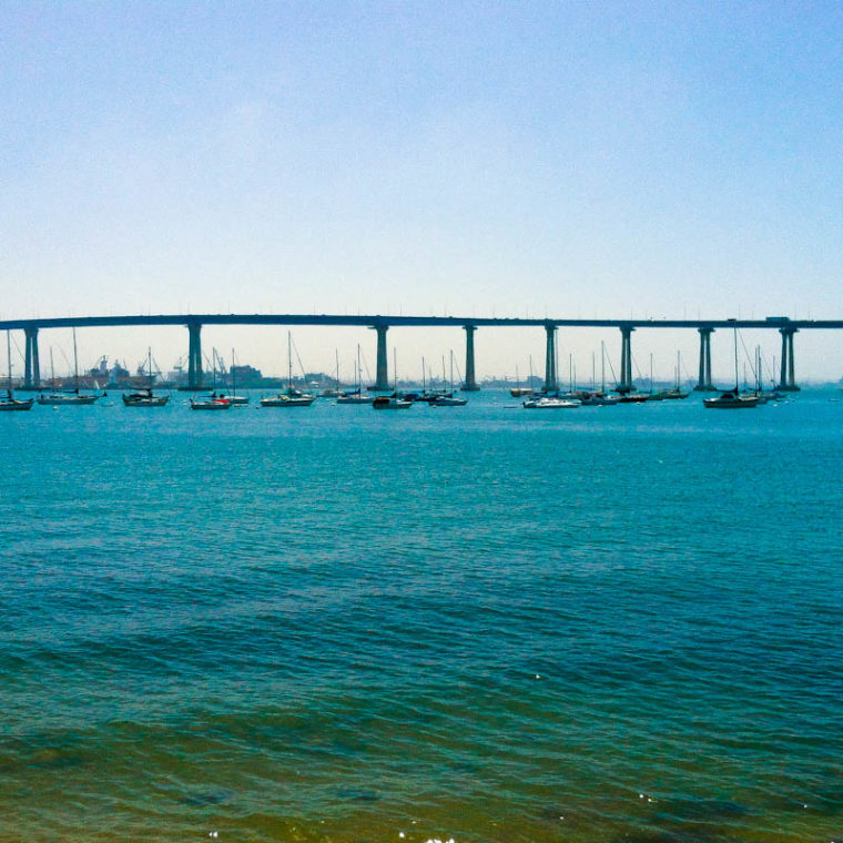 Long bridge with ships underneath and ocean
