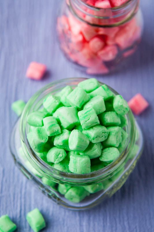 green soft peppermint candy in glass jars