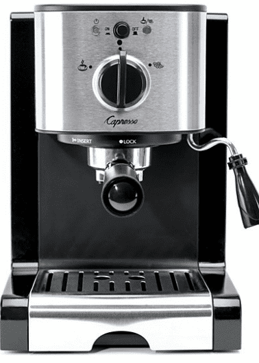 Stainless steel capresso espresso machine with control knobs and a portafilter.