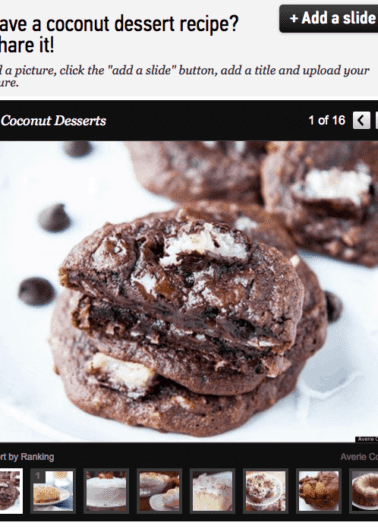 A close-up image of chocolate coconut cookies on a plate, suggesting a dessert recipe.
