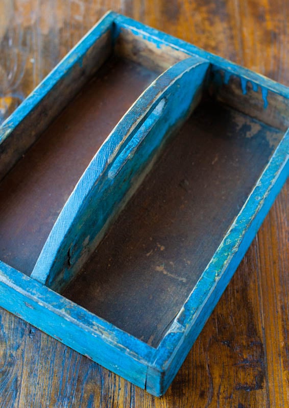 vintage blue cutlery tray with two sections
