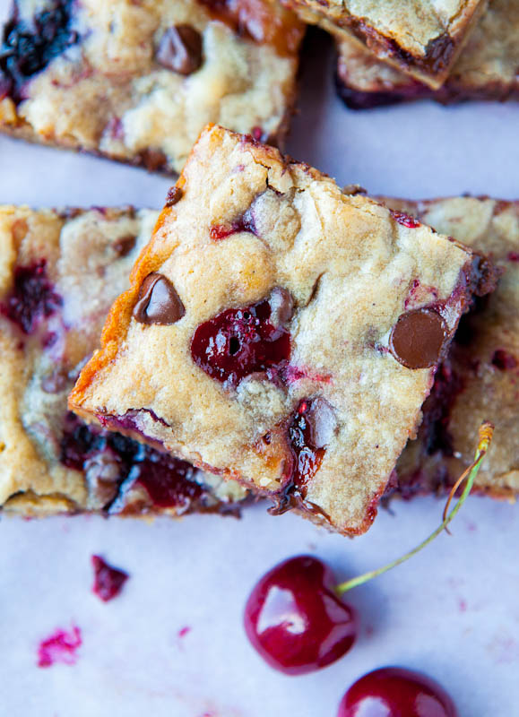 Overhead of stacked Chocolate Chip and Cherry Blondies