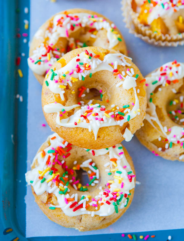Baked Peach and Nectarine Donuts with White Chocolate Drizzle and Sprinkles