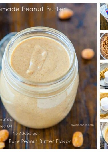 A homemade peanut butter in a jar surrounded by images of the ingredients and preparation steps, highlighting the simplicity and natural flavor of the recipe.