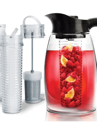 A fruit infusion pitcher with removable core next to matching water bottles.