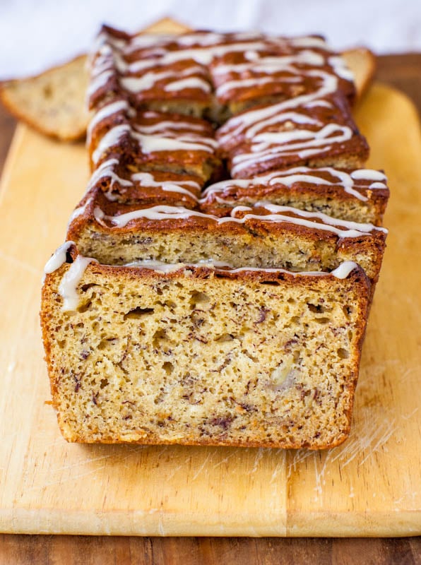 Banana Bread with Vanilla Browned Butter Glaze sliced