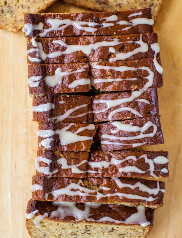 Banana Bread with Vanilla Browned Butter Glaze sliced
