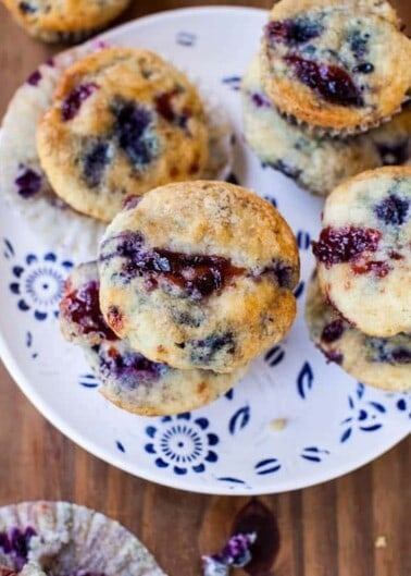 Homemade blueberry muffins on a decorative plate.