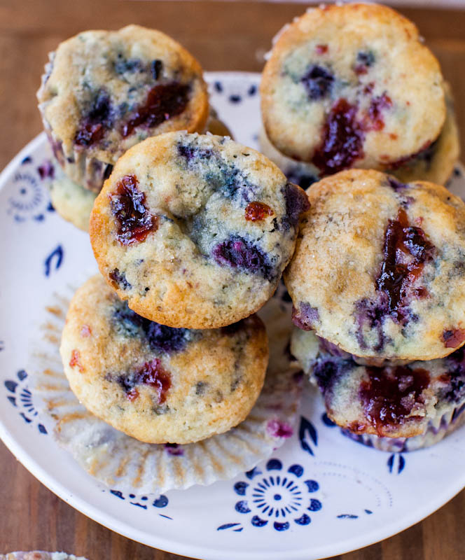 Blueberry Muffins with Raspberry Jam Swirls 