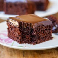 A slice of chocolate cake with glossy frosting on a plate.
