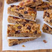 Homemade granola bars with nuts and chocolate chips.