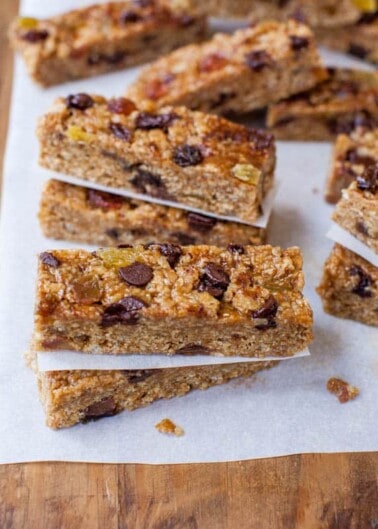 Homemade granola bars with nuts and chocolate chips.