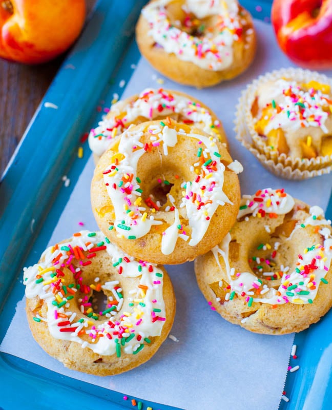 Baked Peach and Nectarine Donuts with White Chocolate Drizzle and Sprinkles
