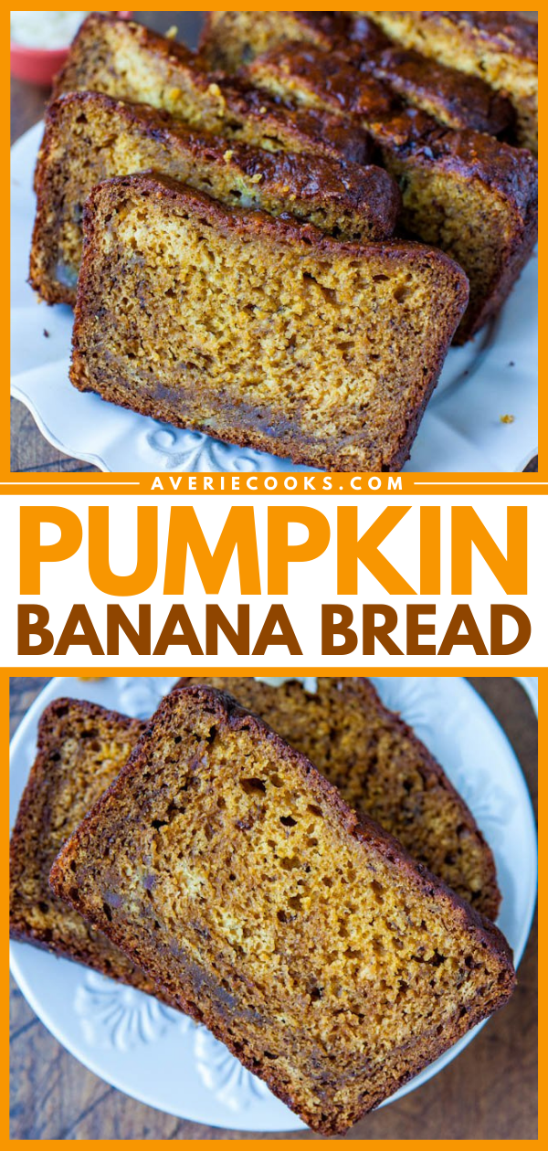 Pumpkin Banana Bread — This pumpkin banana bread is topped with a homemade browned butter frosting. It's super moist thanks to the mashed bananas, pumpkin, yogurt, and melted butter in the batter! 