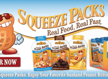 Advertisement for single-serve sunland peanut butter squeeze packs, highlighting convenience and promoting new product availability.