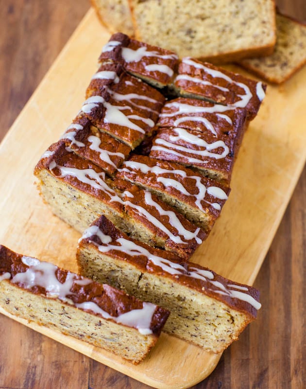 Overhead of sliced Banana Bread with Vanilla Browned Butter Glaze