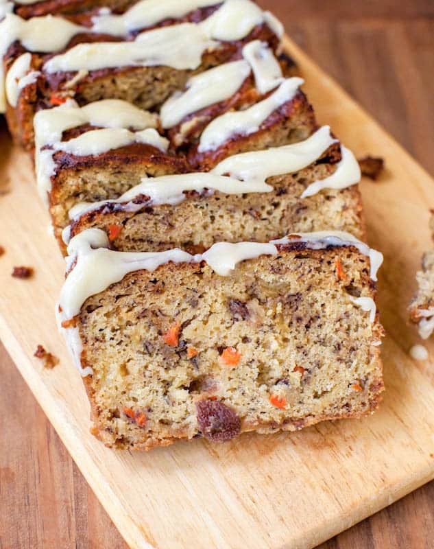 Carrot Pineapple Banana Bread with Browned Butter Cream Cheese Frosting sliced