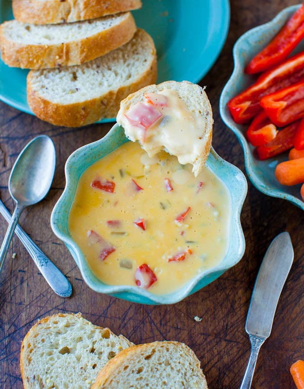 Double Melted Cheese and Red Pepper Dip with bread pieces