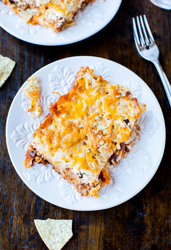 Chips and Cheese Chili Casserole on white plates