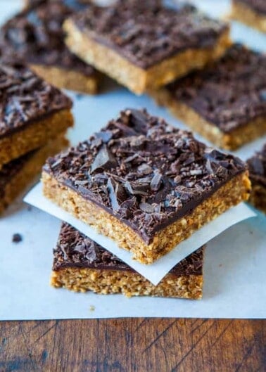 Homemade cereal bars topped with chocolate shavings.