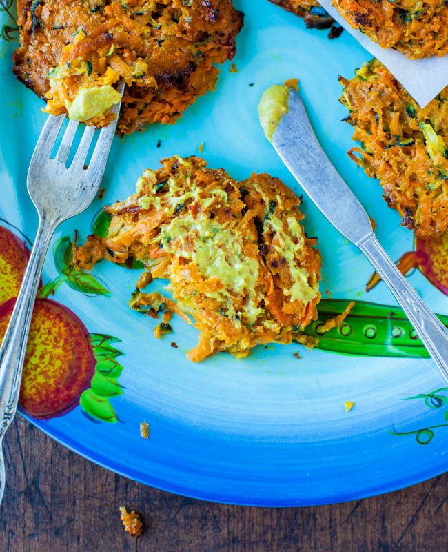 Baked Chipotle Sweet Potato and Zucchini Fritters on blue plate