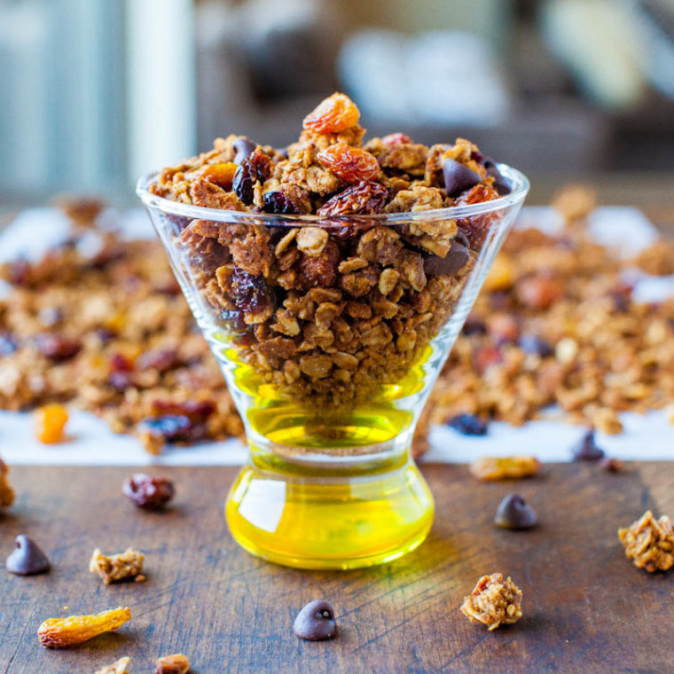 Pumpkin Spice Peanut Butter and Chocolate Chip Granola in glass