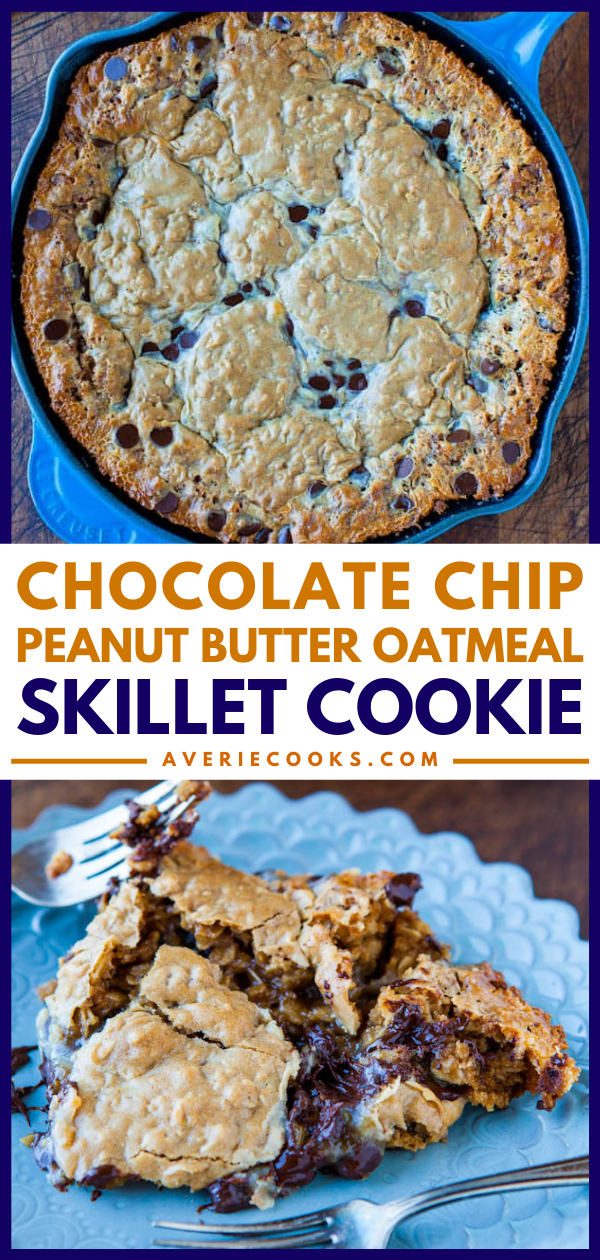 Skillet Cookie — This cast iron skillet cookie combines three of my favorite cookies into one! Chocolate chips, peanut butter, and oatmeal are combined to make the best cookie I've eaten in a long time! 