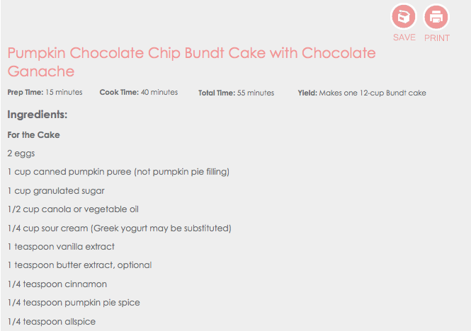 Pumpkin Chocolate Chip Bundt Cake with Chocolate Ganache recipe page